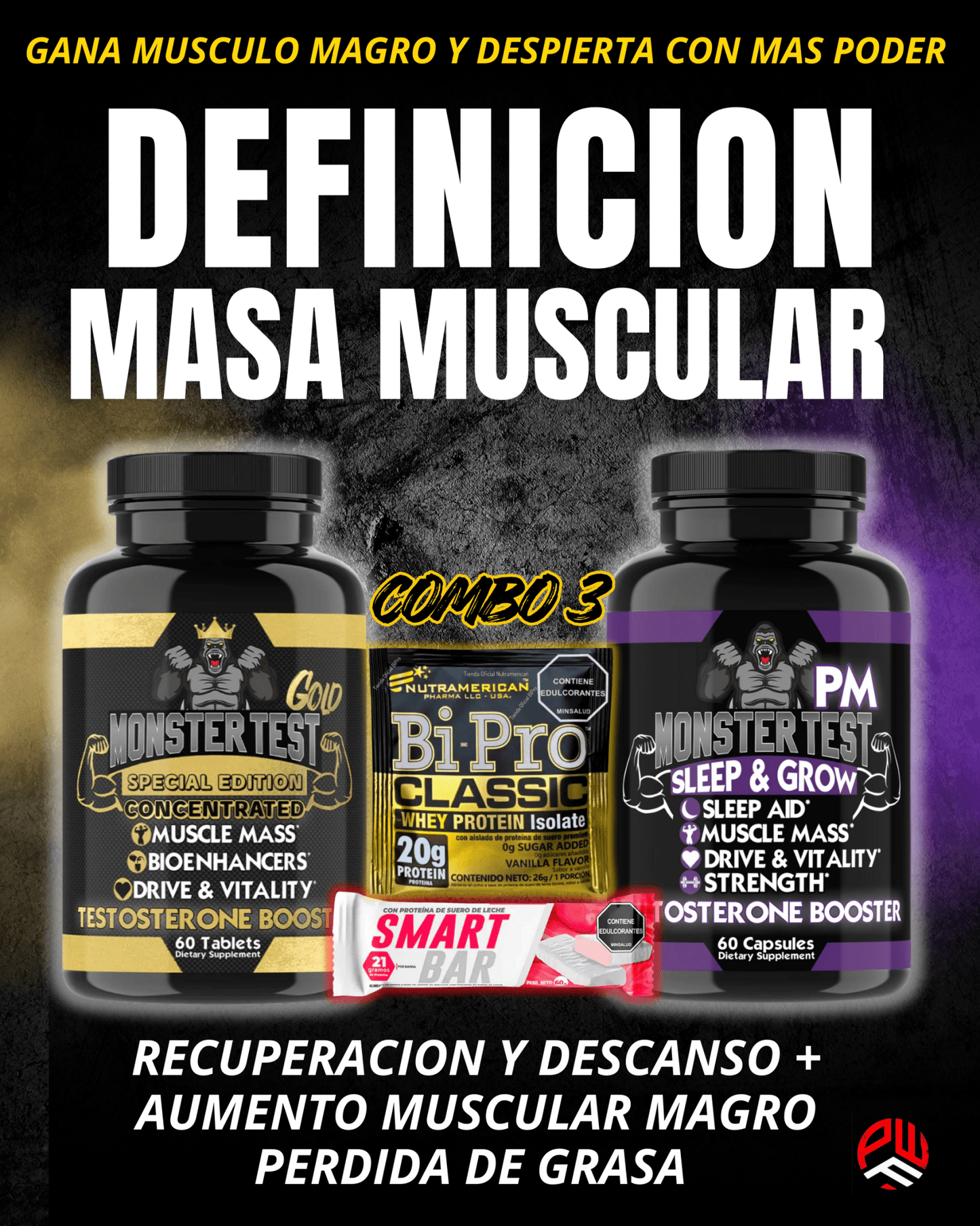 𝘾𝙊𝙈𝘽𝙊 𝟑🟣🟡 Monster Gold + Monster Pm + Barra Proteina 🍫+ Sobre Bipro - PowerFit Suplementos