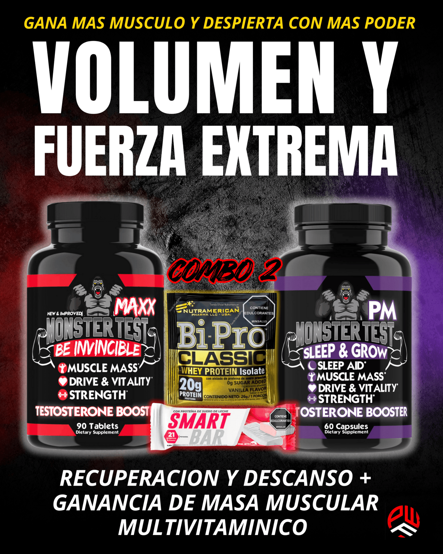 𝘾𝙊𝙈𝘽𝙊 𝟐🔴🟣 Monster Maxx + Monster Pm + Barra de Proteína🍫+ Sobre Bipro - PowerFit Suplementos
