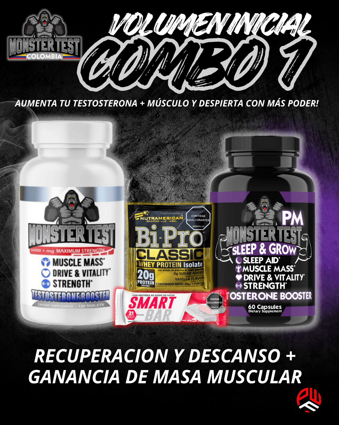 COMBO 1⚪️🟣 (activa tu testosterona, gana masa magra y mejora la recuperación, monster pm apoya la activación de la hormona de crecimiento) - PowerFit Suplementos