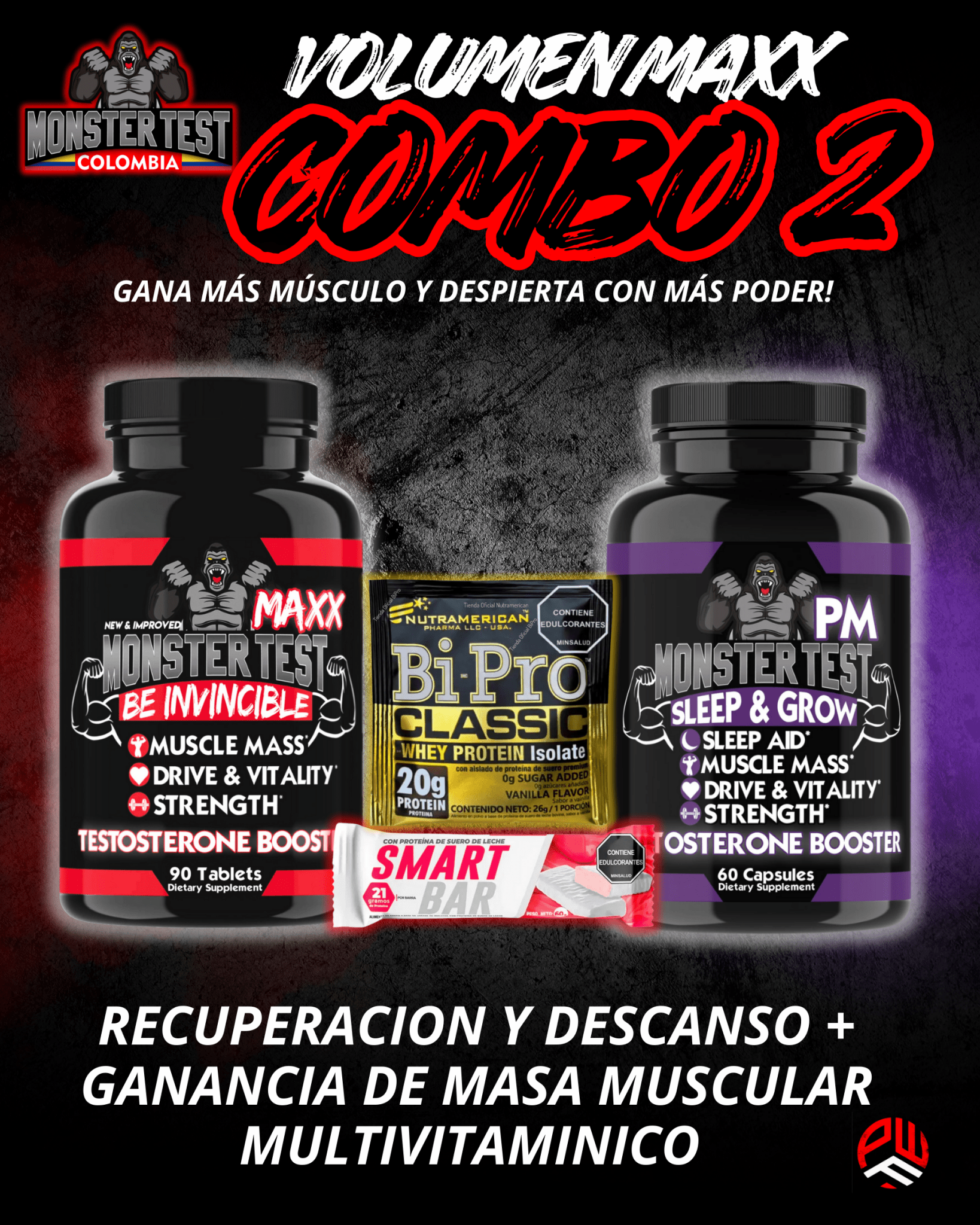 COMBO 2🔴🟣 (Sube volumen y fuerza, soporte multivitamínico y recuperación nocturna) - PowerFit Suplementos