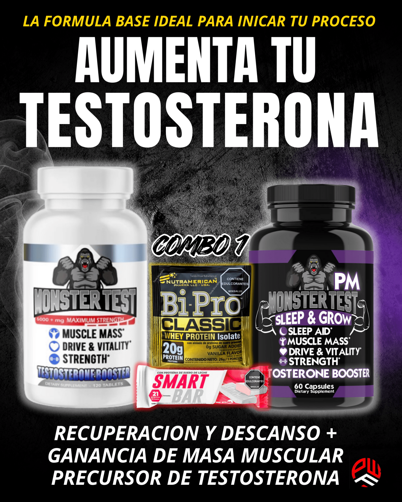 𝘾𝙊𝙈𝘽𝙊 𝟭⚪️🟣 Monster Clásico + Monster Pm + Barra de Proteina🍫+ Sobre Bipro - PowerFit Suplementos