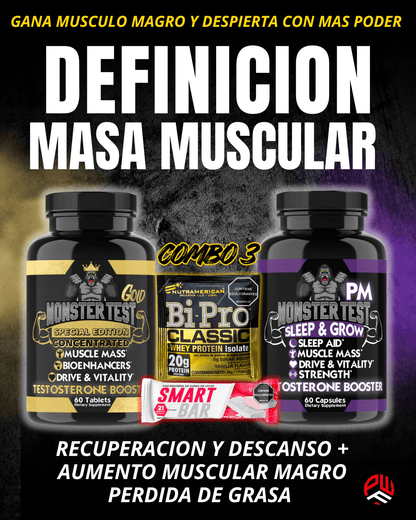 𝘾𝙊𝙈𝘽𝙊 𝟑🟣🟡 Monster Gold + Monster Pm + Barra Proteina 🍫+ Sobre Bipro - PowerFit Suplementos