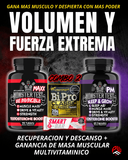 𝘾𝙊𝙈𝘽𝙊 𝟐🔴🟣 Monster Maxx + Monster Pm + Barra de Proteína🍫+ Sobre Bipro - PowerFit Suplementos